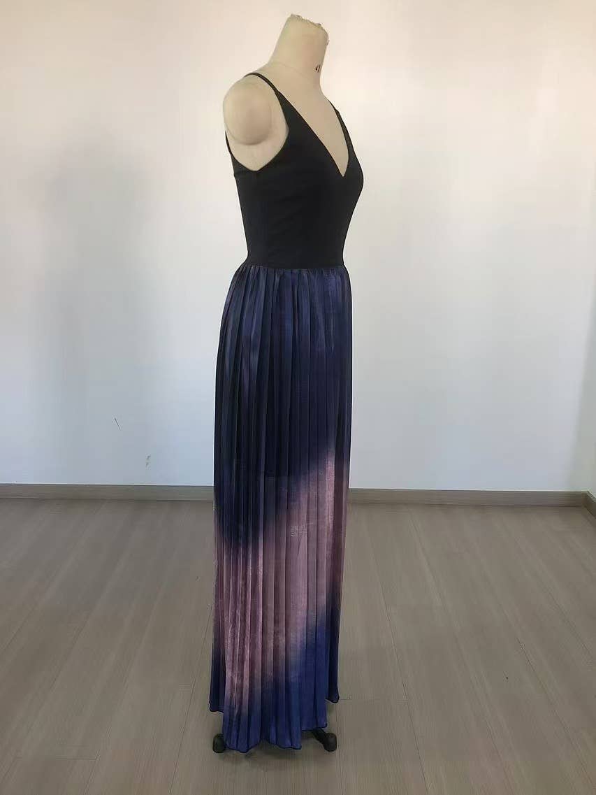 Flerfärgad DR355 Gradient veckad swing aftonklänning med djup V-hals för wholesale på Faire7