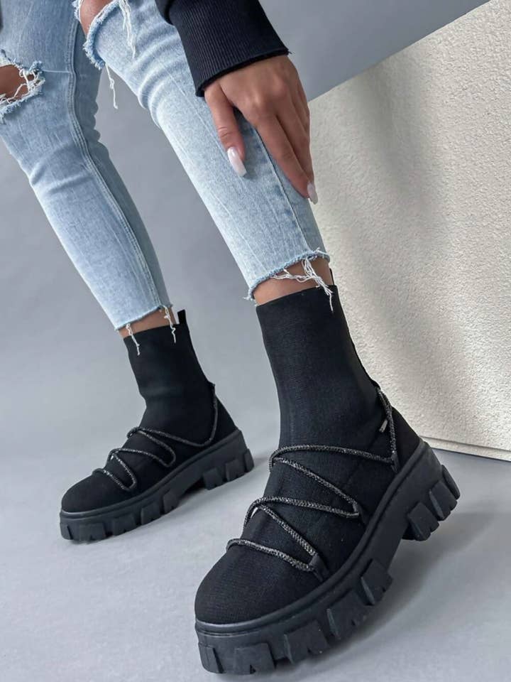 Black Diamante Lace Detail Sock Boots – Lulu for wholesale by Femme Luxe
