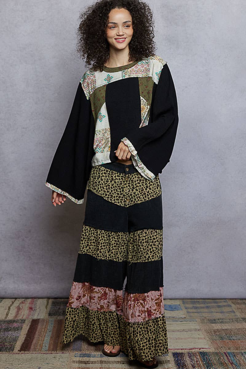 Pol Clothing - Wholesale Blouse - Women's - Long sleeve double gauze printed woven contrast top4