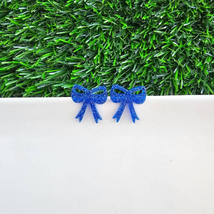 Spiffy & Splendid - Wholesale Stud/Post Earrings - Bow Studs - Blue Glitter // Game Day Earrings