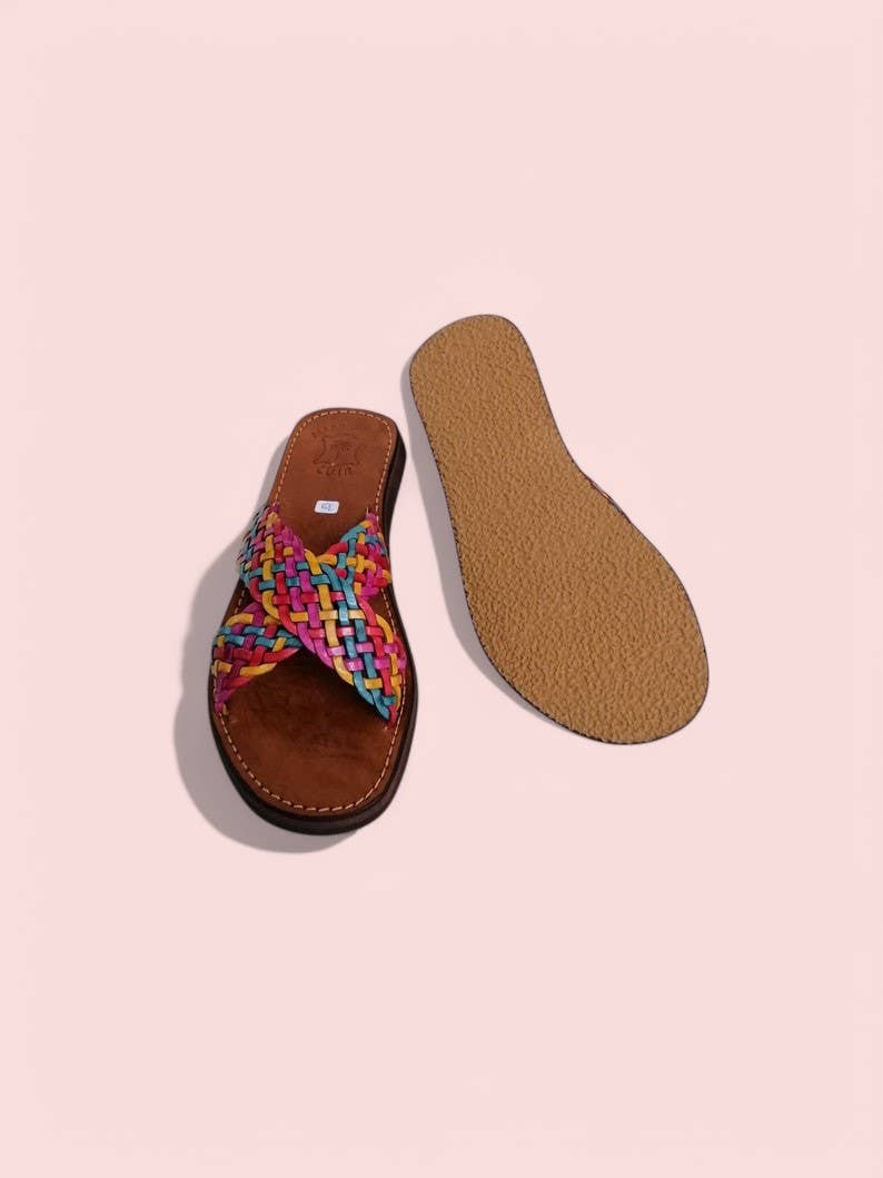 Melecraft - Vente Sandales – femme - Sandales en cuir tissées à la main – Brides tressées multicolores4