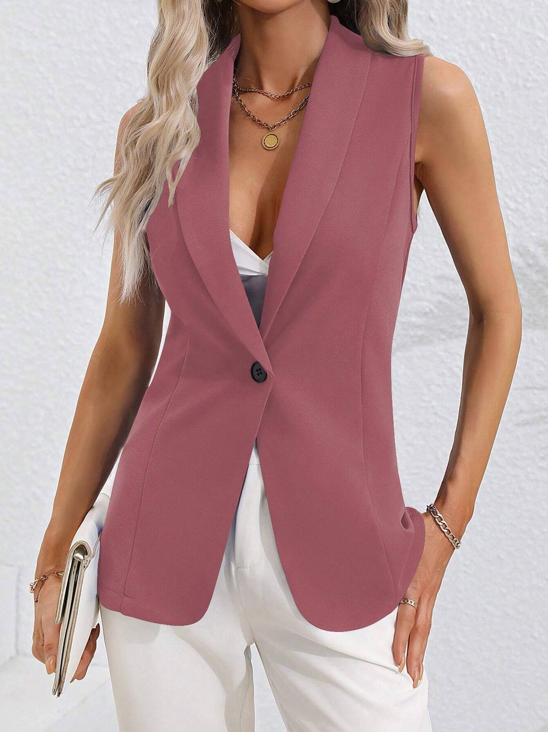 Wholesalesir - Wholesale Suit Vest - Women's - Solid Color Single Button Sleeveless Round Neck Jacket4