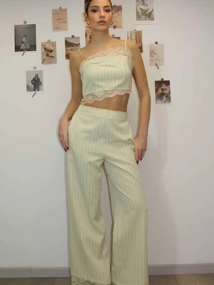 Striped Camisole lace top and wide-leg trousers set for wholesale by Chilli Girl Collection