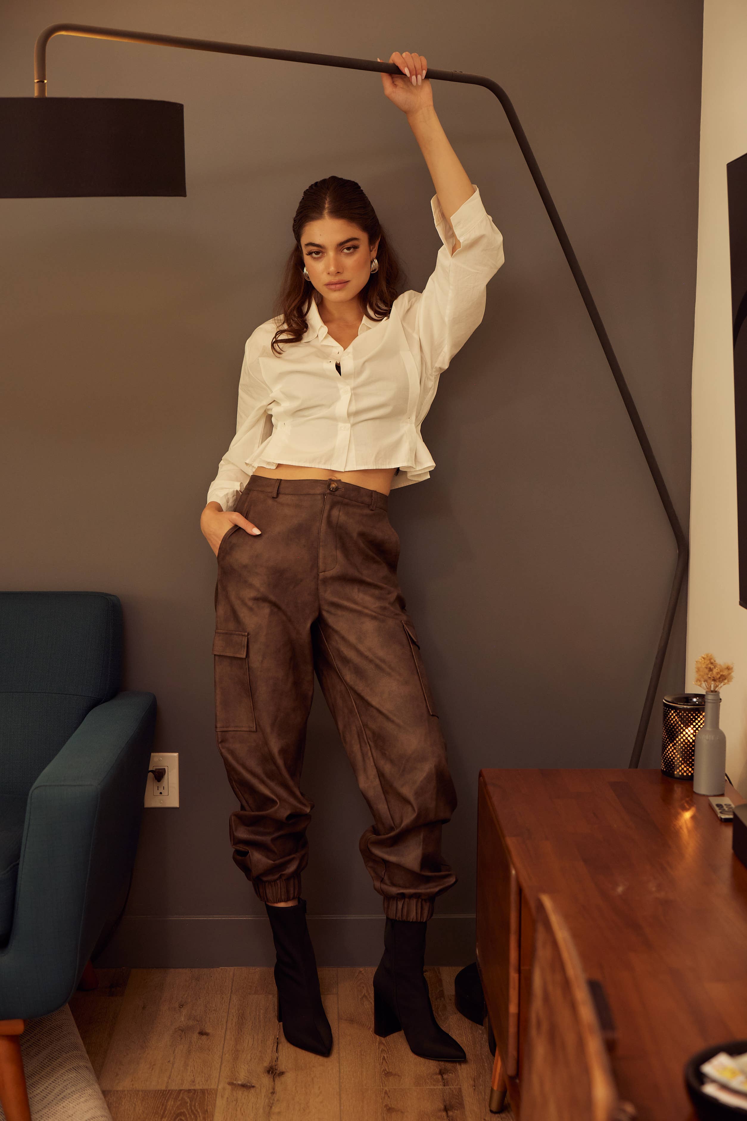 Brown PLEATHER CLASSY CUFFED CARGO JOGGERS-PI6888FO for wholesale on Faire2