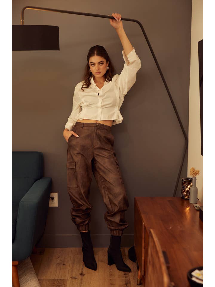 Brown PLEATHER CLASSY CUFFED CARGO JOGGERS-PI6888FO for wholesale on Faire2