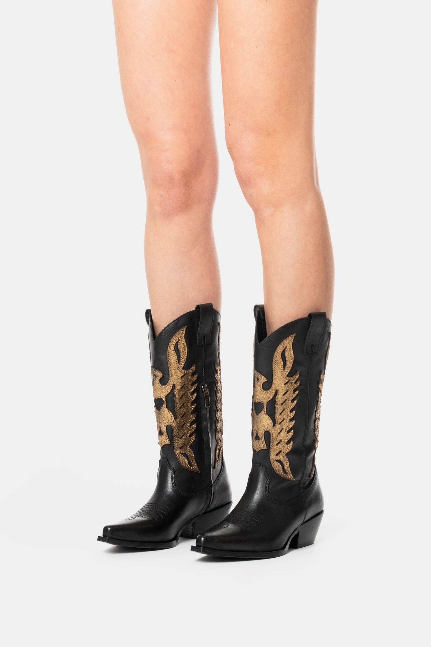 METISSE - Wholesale Boots - Women's - Black and gold calfskin Texan boots DX8225