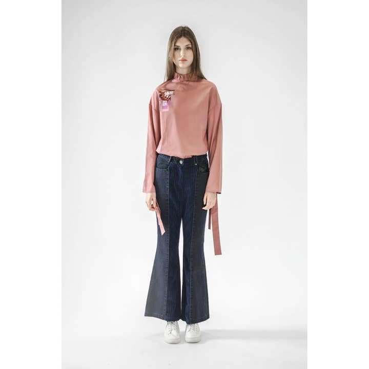 Pink High-Neck Long-Sleeve Shirt with Tied Sleeves for wholesale by VUDECO