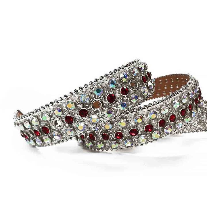 Silver Rhinestones Leather Belt White with Red for wholesale on Faire