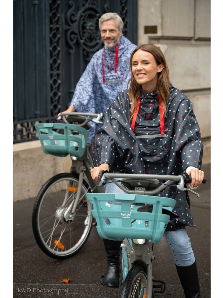 SMATI - Wholesale Poncho - Unisex - Black Rain Poncho with Cloud Dots in Red and White - Unisex