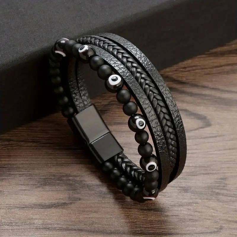 INNOBIZ - Wholesale Jewelry - Men's - Bracelet en Cuir Tressé avec Œil de Turc Noir - Élégance