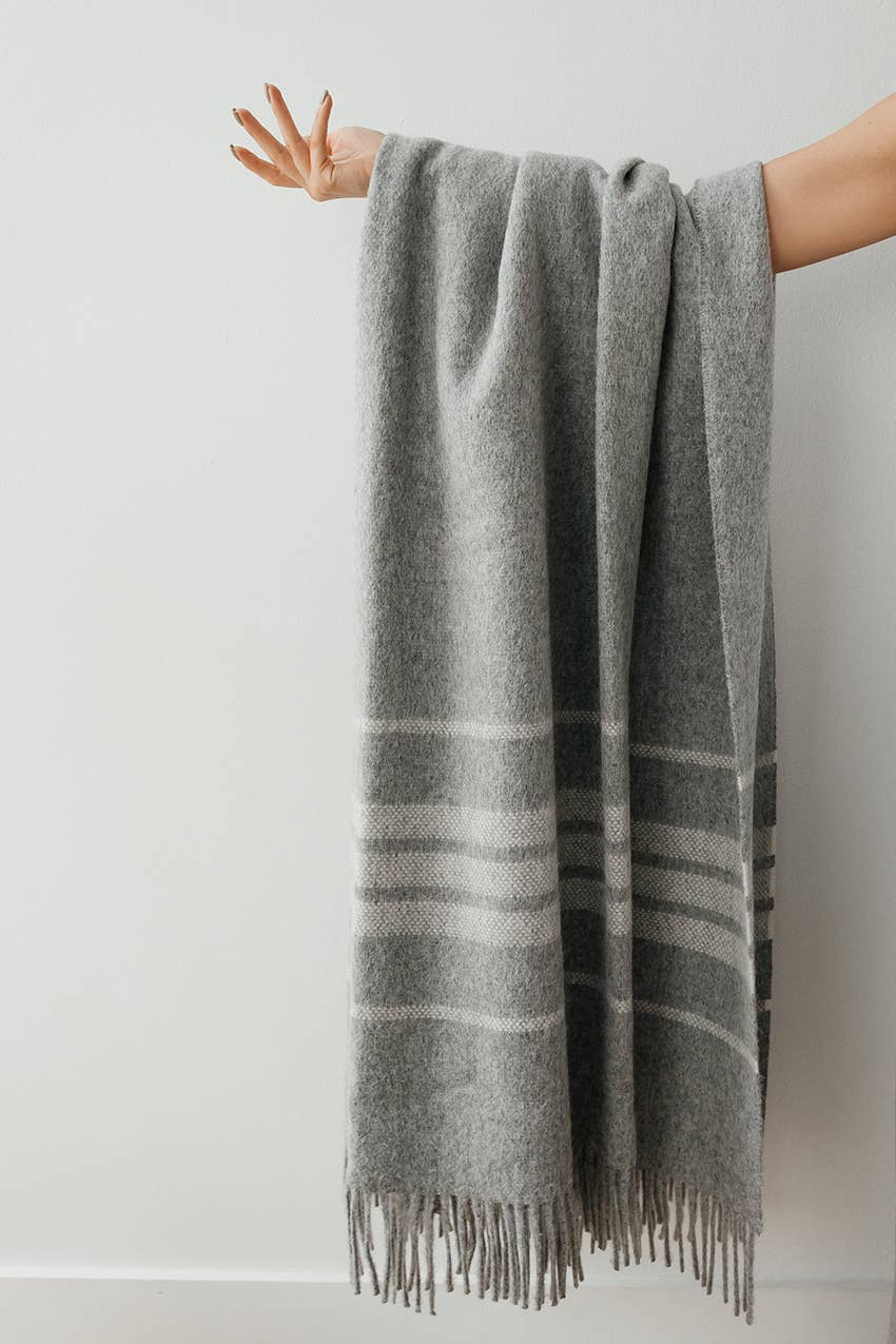 Linen Way Inc. - Wholesale Throw Blanket - Dublin Alpaca Wool Throw - Grey with Ivory Stripes