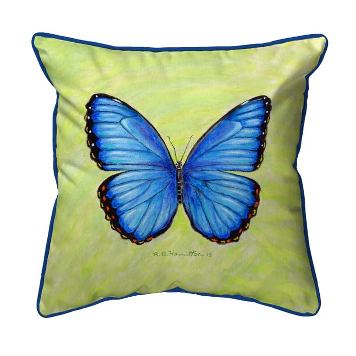 Dick's Blue Morpho Corded Pillow for wholesale by Betsy Drake Interiors