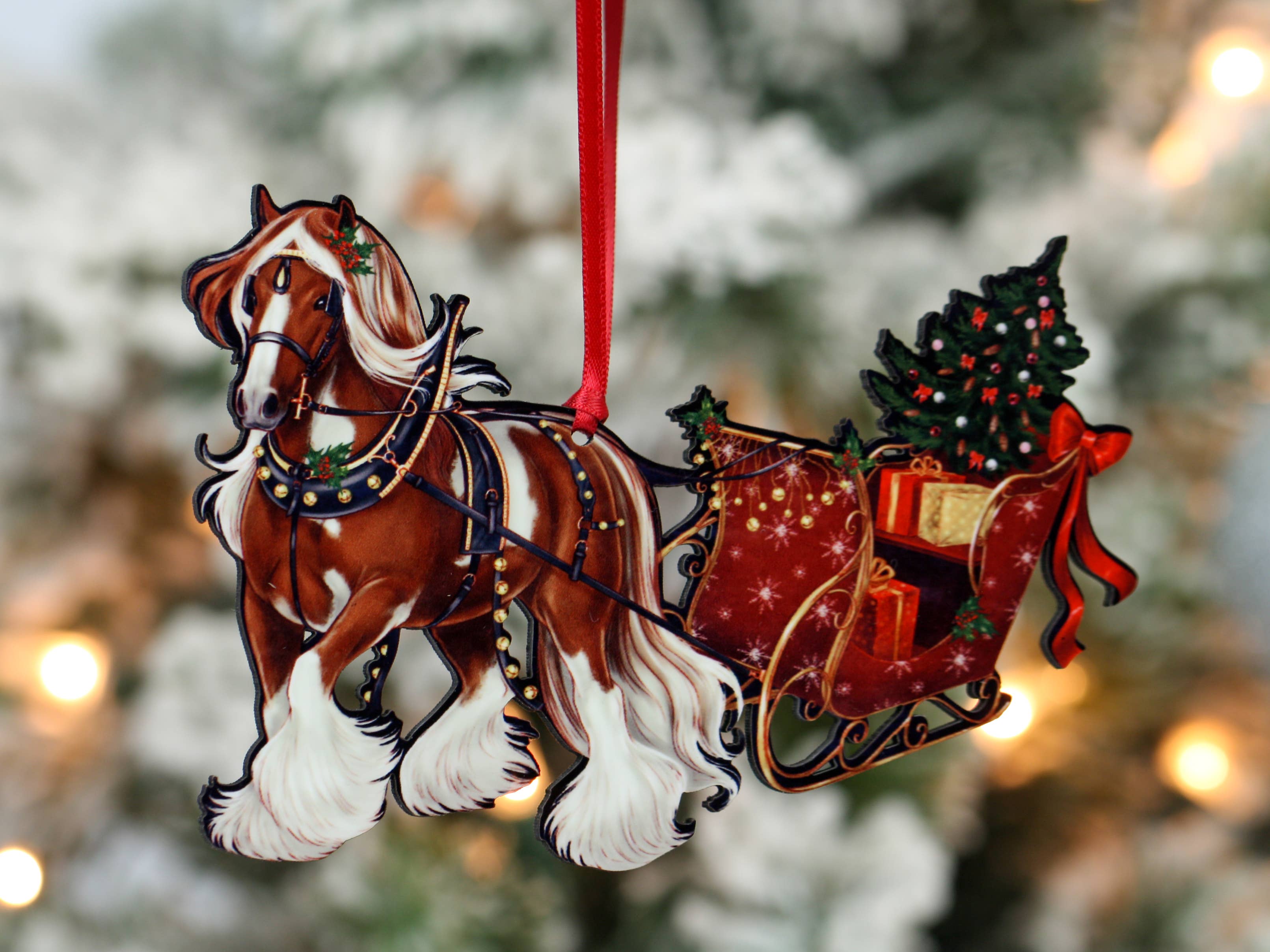 Classy Equine - Wholesale Ornament - Chestnut Tobiano Gypsy Cob Horse Sleigh Christmas Ornament1