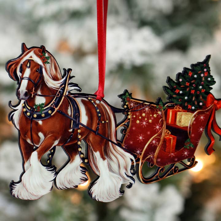 Classy Equine - Wholesale Ornament - Chestnut Tobiano Gypsy Cob Horse Sleigh Christmas Ornament1