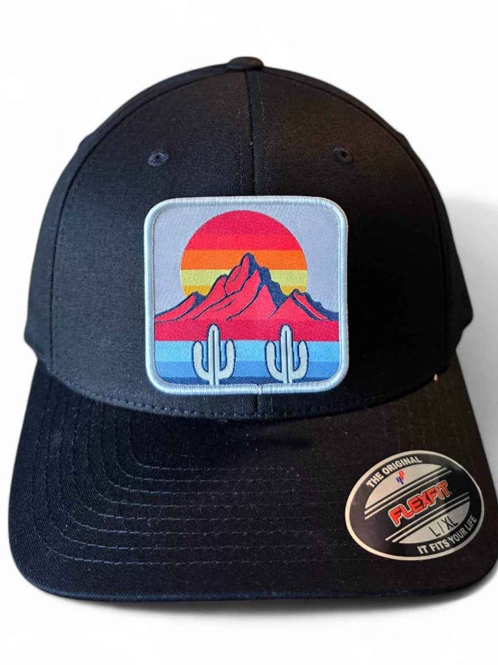 Flexfit Fitted Cap | Desert Sunset Cactus Mountain Patch Hat for wholesale by Moove Headwear
