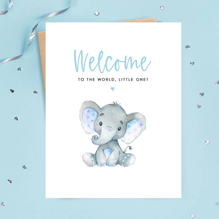 Velkommen Baby Boy Card - Elephant for engroshandel hos Cyndi and Sofi Designs