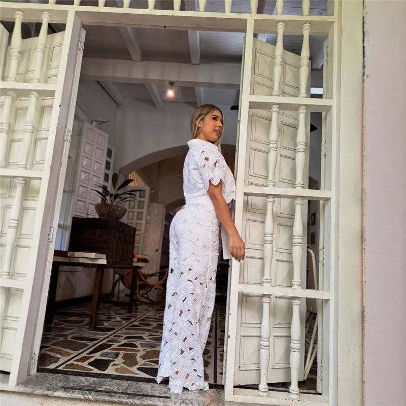 BLANCO Conjunto de cárdigan calado bordado y pantalones de pierna ancha de venta al por mayor en Faire4