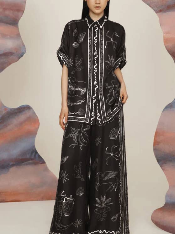 Cretaceous Unique Print Loose Shirt & Pants Resort Set for wholesale by Rosa Clothing