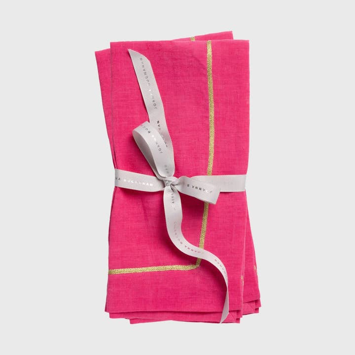 Joanna Buchanan - Vente Serviettes de table en tissu - Lot de deux serviettes de table en lin avec bordure dorée, rose vif0