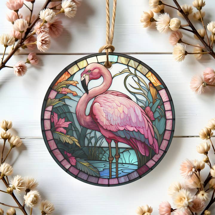 Fernville Creations - Wholesale Ornament - Flamingo Ceramic Ornament with Stained Glass Design