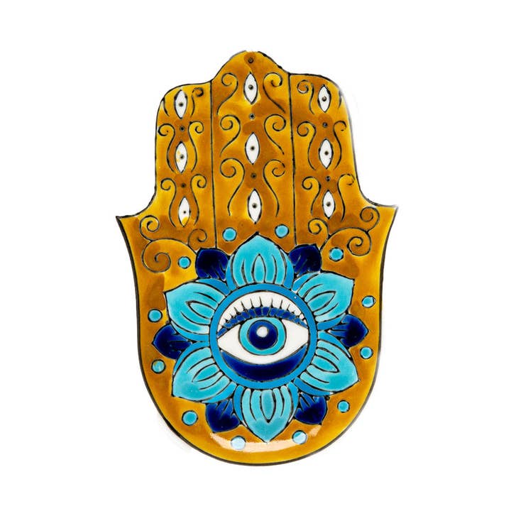 Hamsa Hands Ceramic Dish w/ Brass Incense Holder (6/72) for wholesale by Urban Tokyo