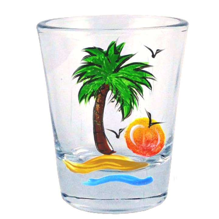 Palm Tree Sunset Romantic Hand-painted shot glass Gift for wholesale by Classy Art Designs, LLC