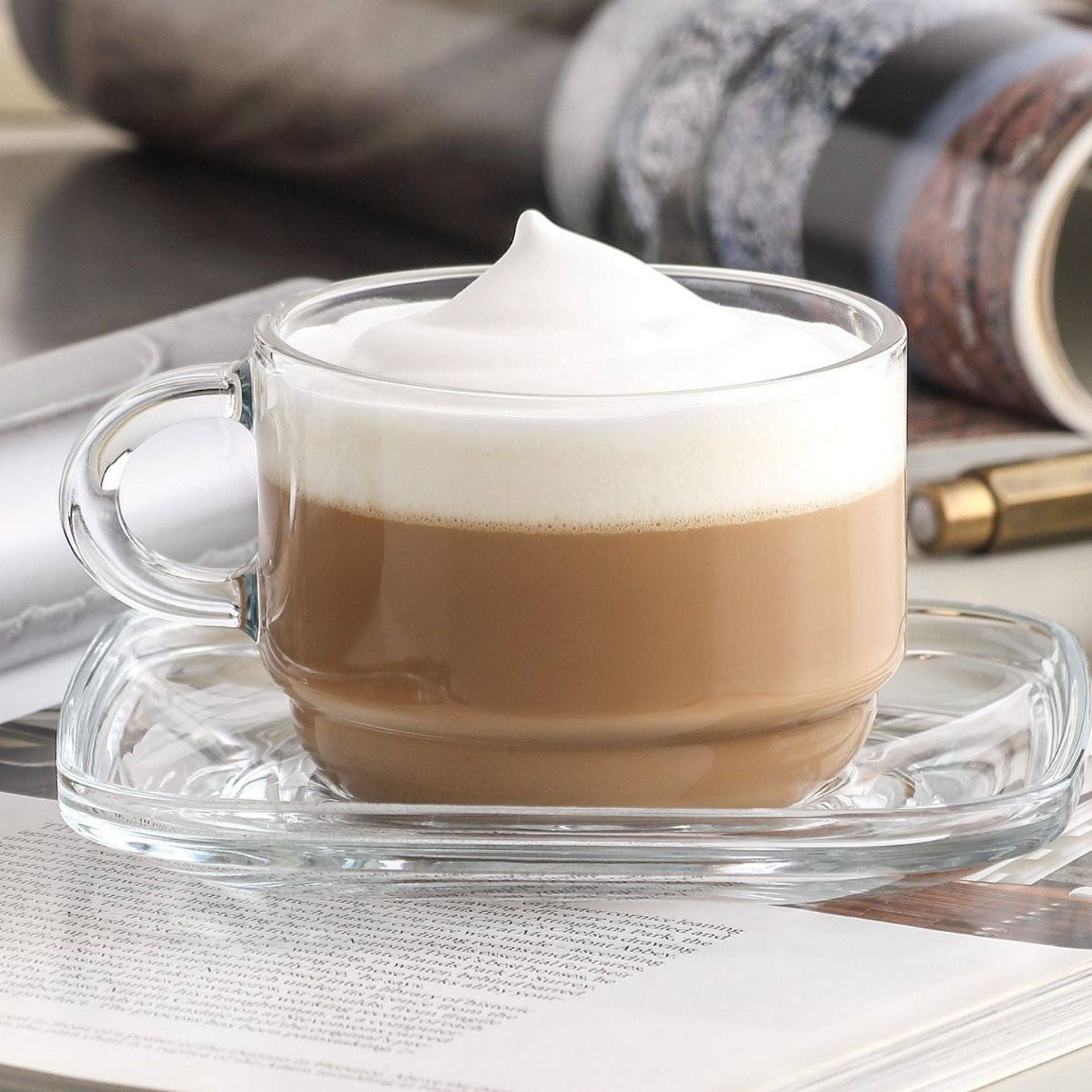 Biomatea - Vendita all'ingrosso Tazza da tè/caffè - Set di tazze in vetro Cozy 12 pezzi – 6 tazze in vetro con manico (270 ml) + 6 piattini in vetro – Impilabile5