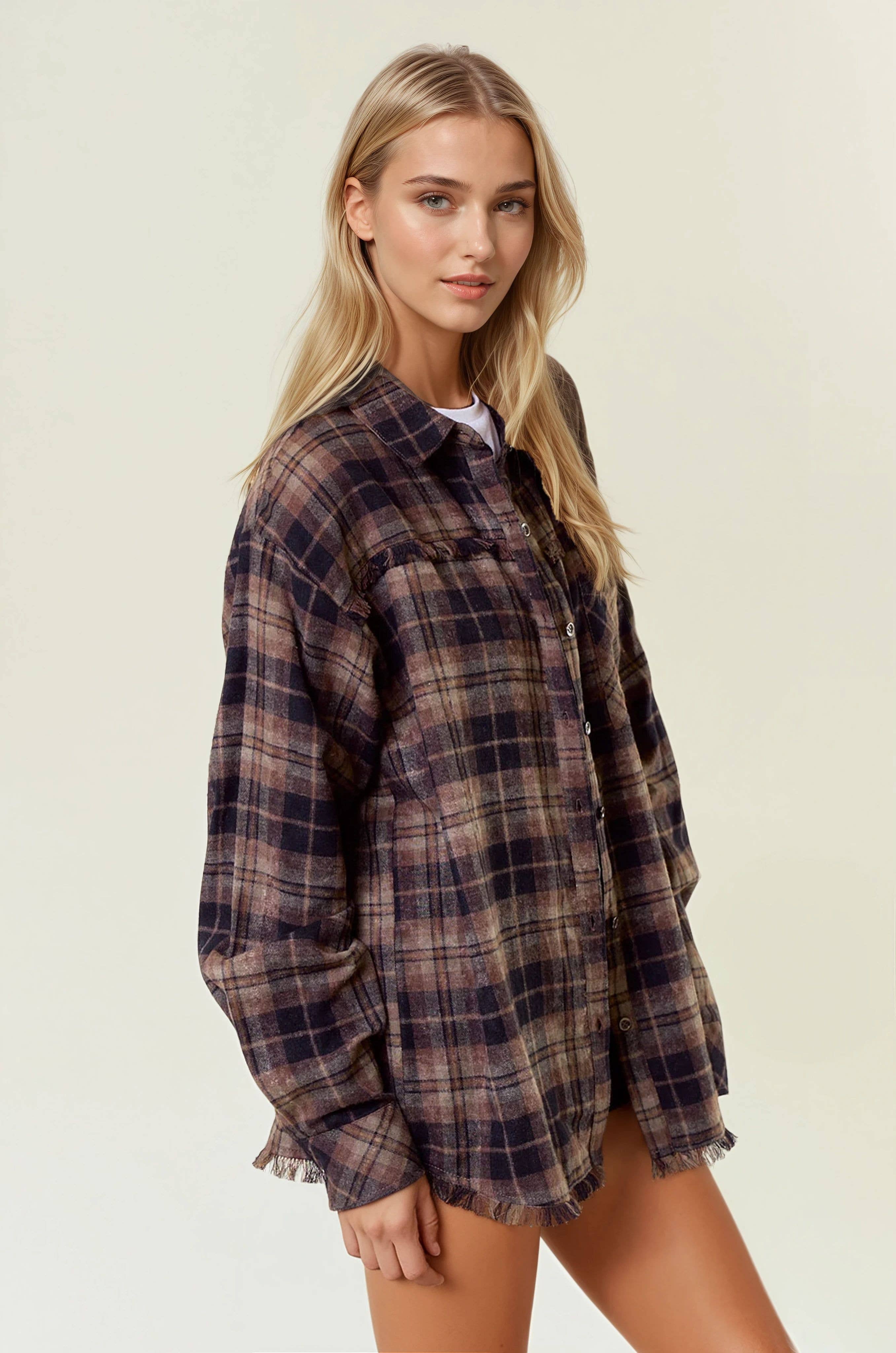 Doe and Rae - Wholesale Button Down Shirt - Women's - Plaid Flannel Shirt W/ Frayed Detail - 44703T2