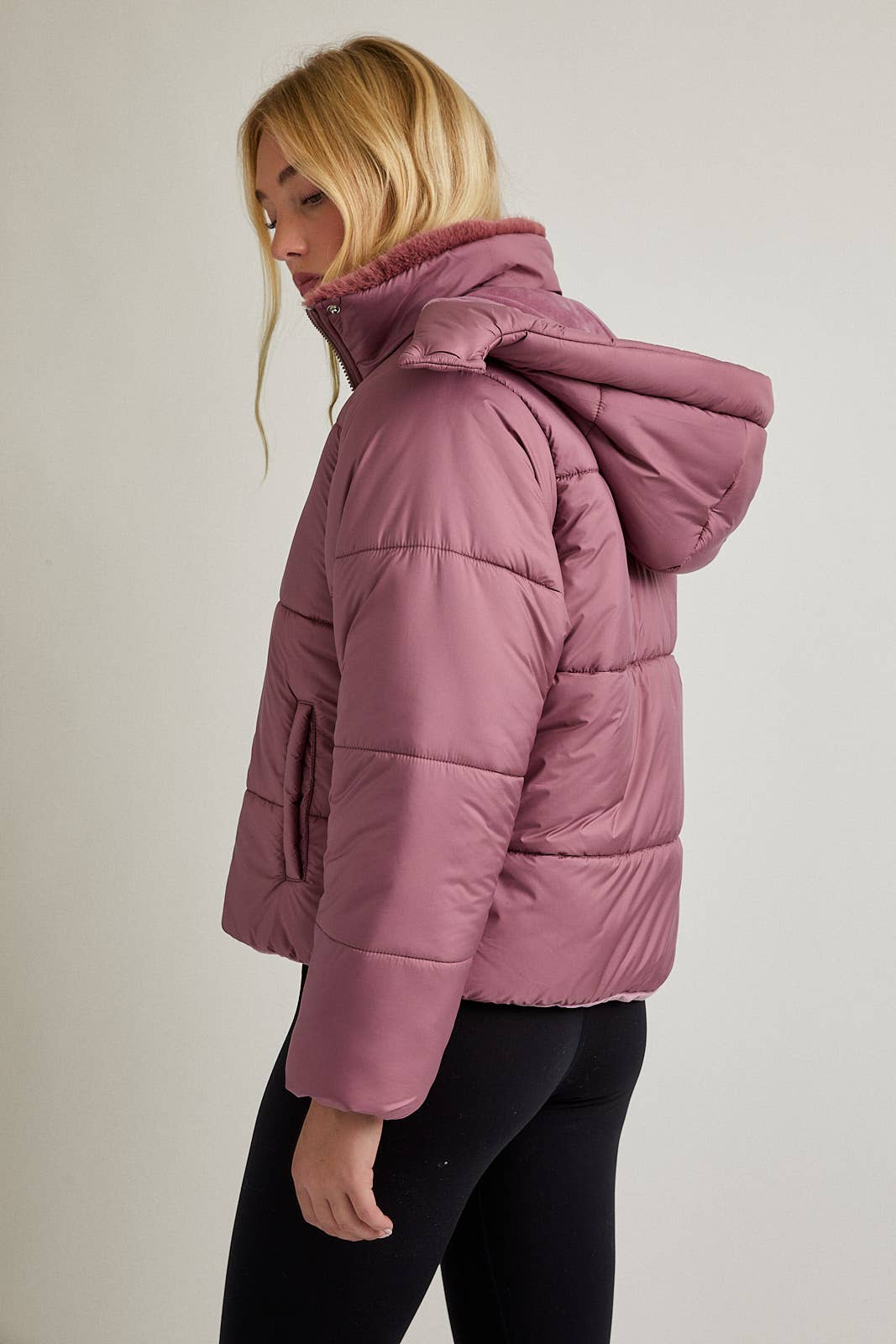 MAUVE PUFFER JACKET WITH ATTACHABLE HOODIE for wholesale on Faire5