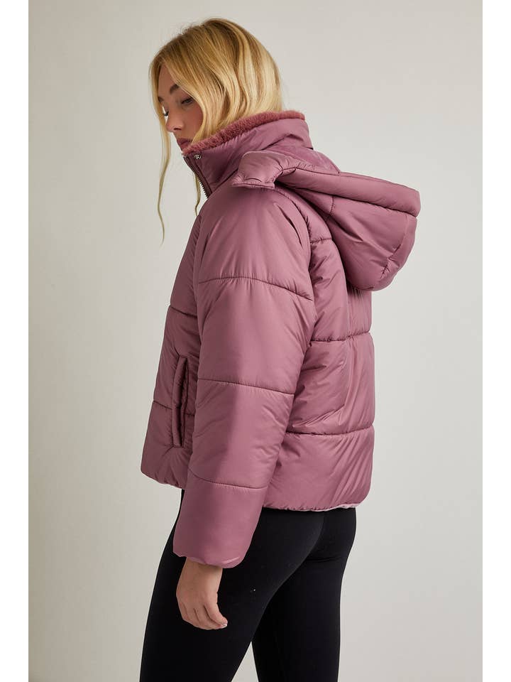 MAUVE PUFFER JACKET WITH ATTACHABLE HOODIE for wholesale on Faire5