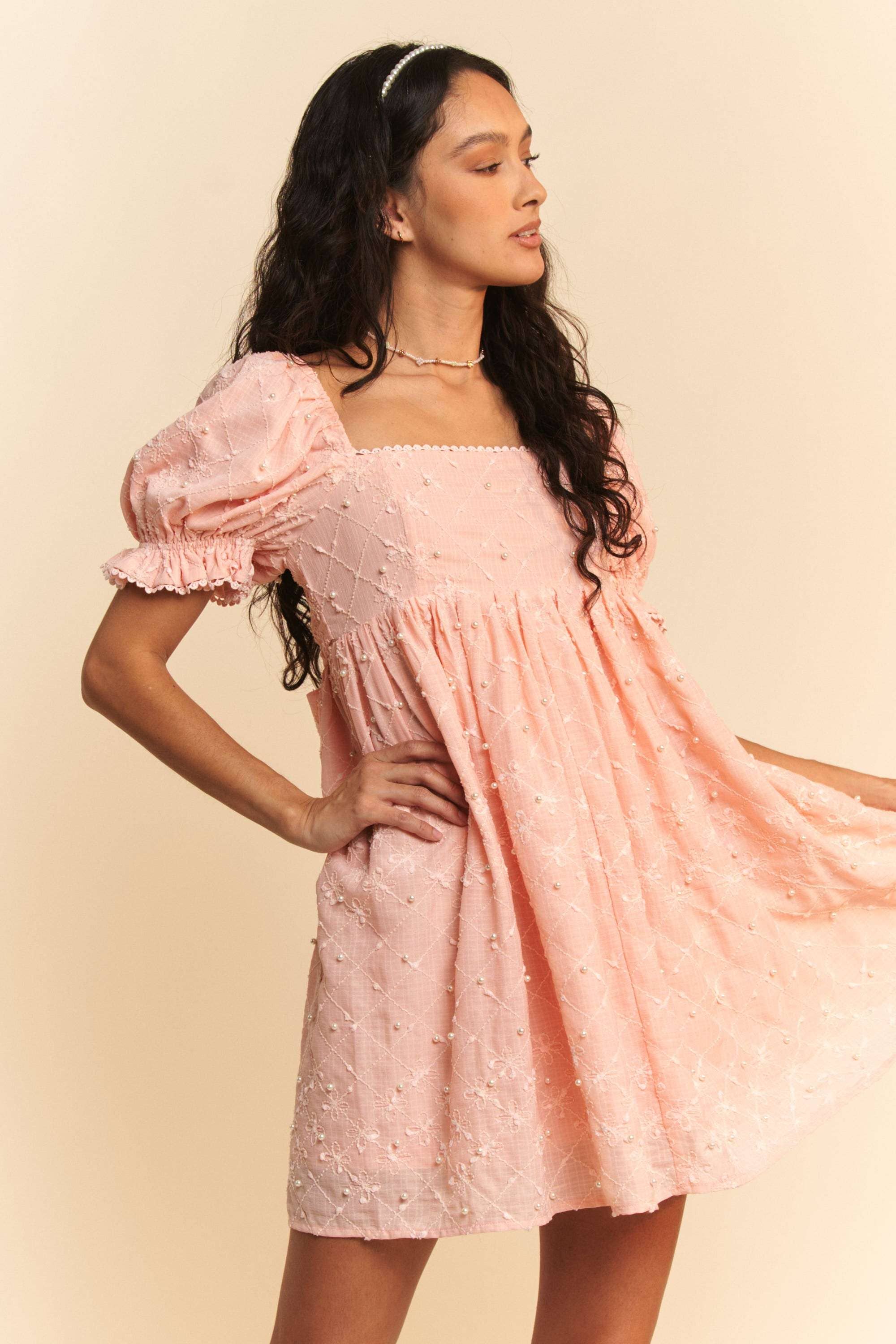 Wholesale TEXTURE FLOWER BALLOON SLEEVE RIBBON MINI DRESS
