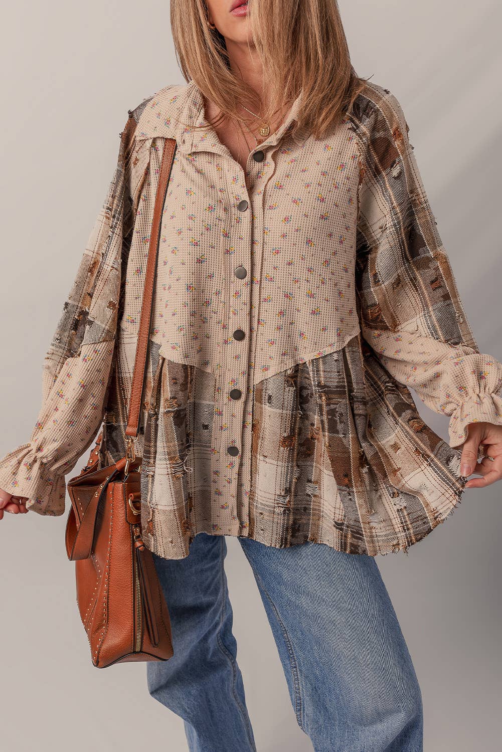 1 the Woman - Wholesale Shirt Jacket/Shacket - Women's - Distressed Detail Ruffled Sleeve Waffle Knit Shacket7