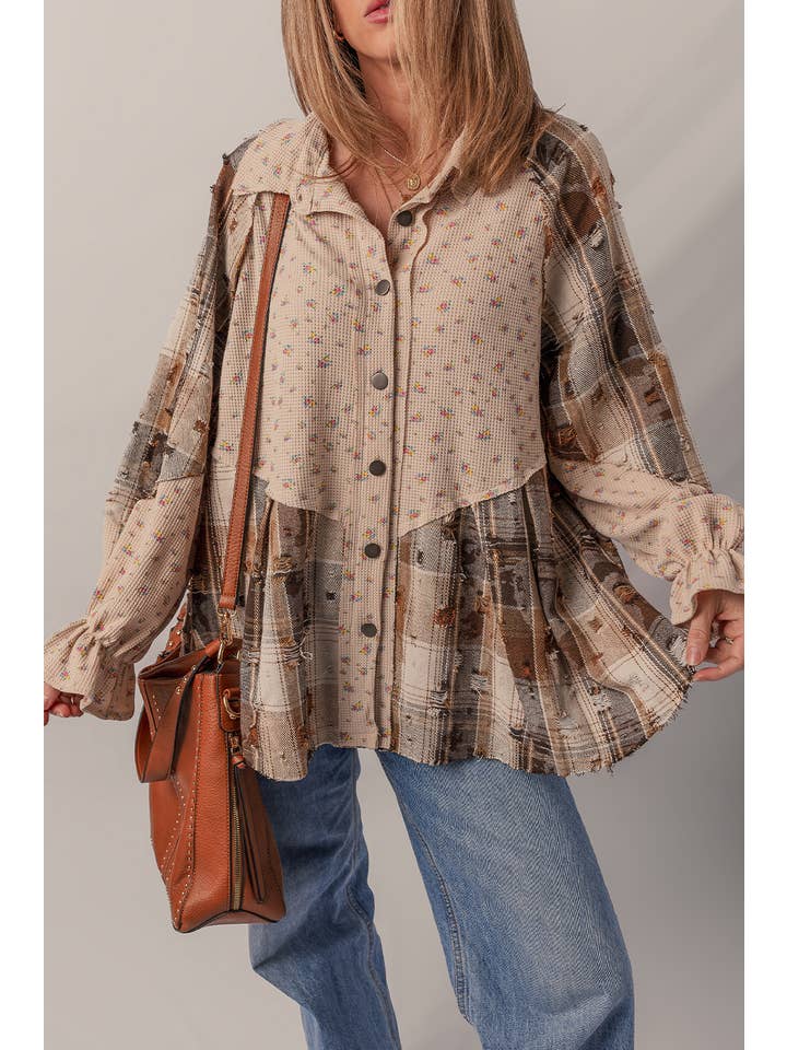 1 the Woman - Wholesale Shirt Jacket/Shacket - Women's - Distressed Detail Ruffled Sleeve Waffle Knit Shacket7