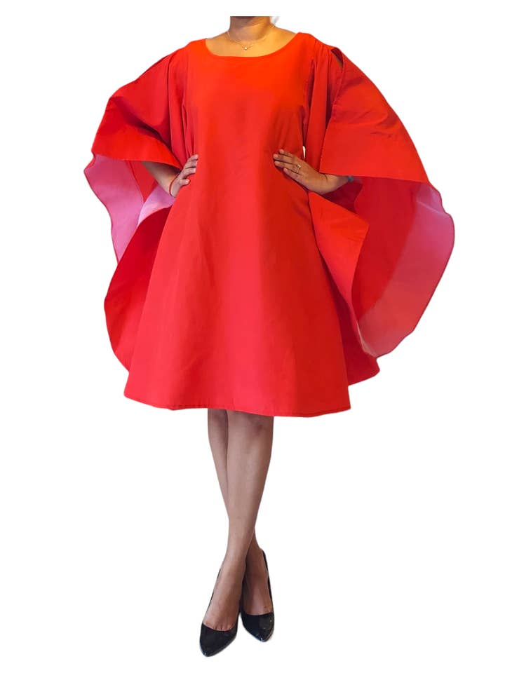 Faux Silk Wing Dress/Poncho Dress/ Wing Sleeves-Red for wholesale by India Batik