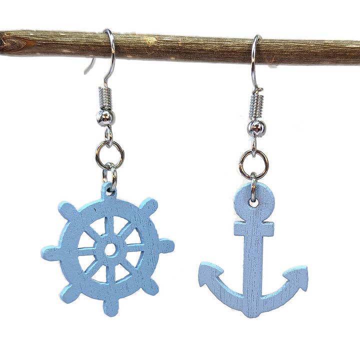 Blue Ship Wheel and Anchor Nautical Wood Earrings for wholesale by Stylish Jewelry Supply