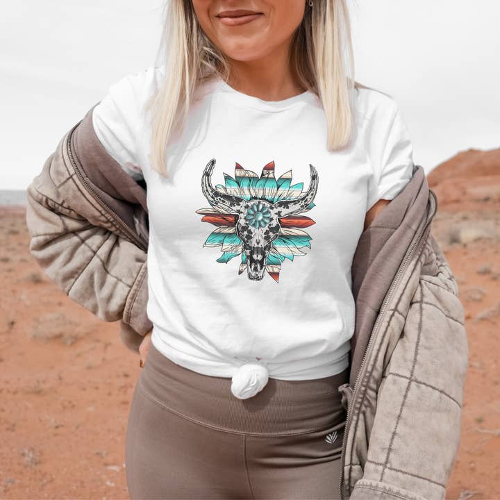 Western Boho Turquoise Flower Skull Graphic Tee for wholesale by Trendznmore - Modern Graphic Apparel