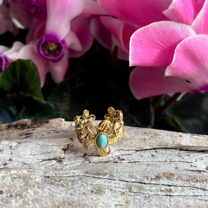 18ct Gold Plated Faceted Natural Stone Flower Ring - Available in Three Options for wholesale by Ocean Ripples