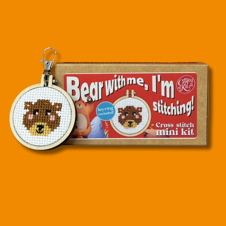 'Bear with me, I'm stitching' Mini Matchbox Cross Stitch Kit for wholesale by The Crafty Kit Company