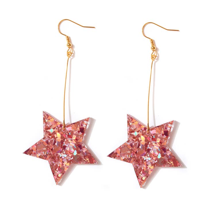 Stern-Ohrringe//Rosafarbener Glitzer für den Großhandel von Emeldo