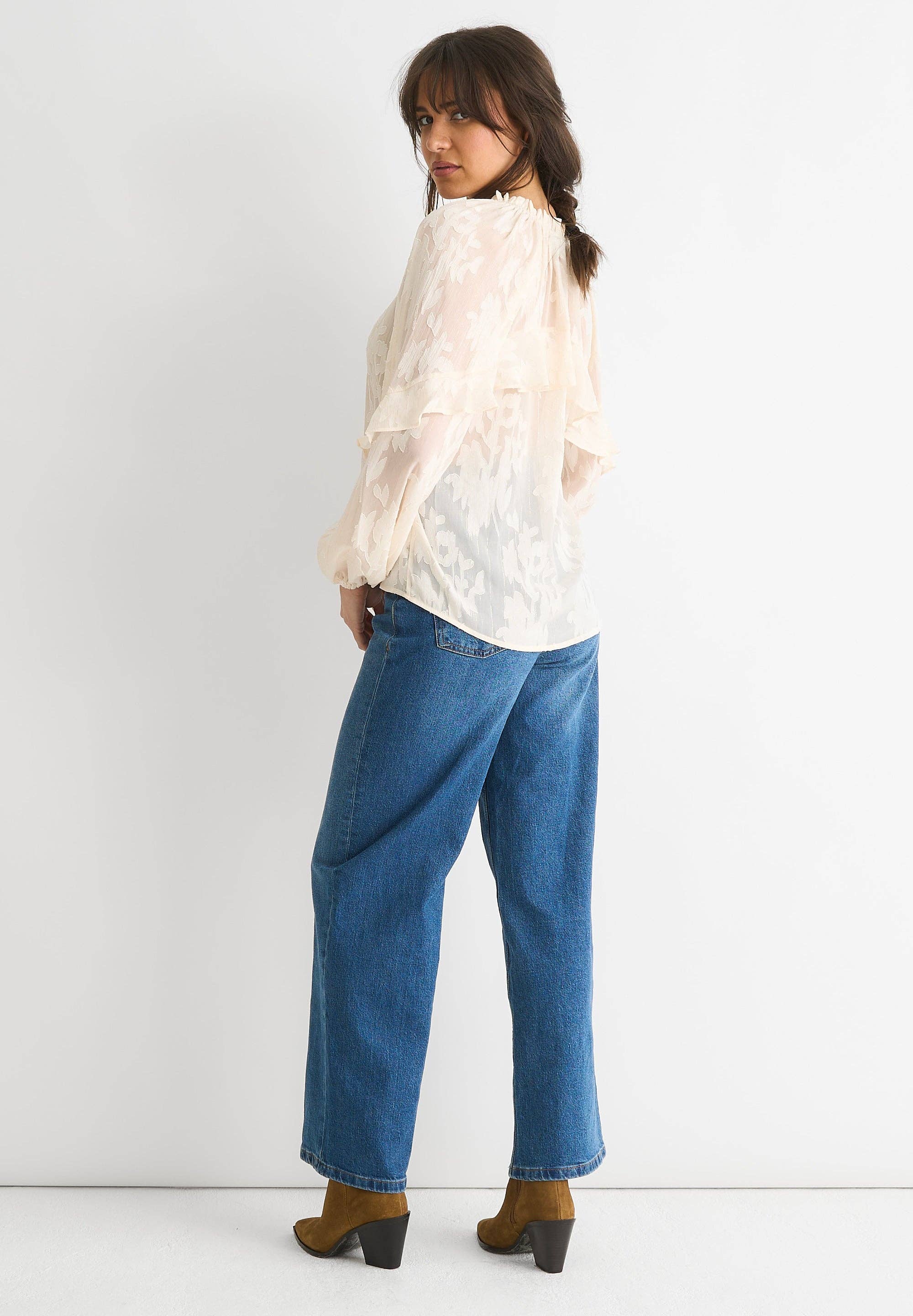 GINI LONDON - Wholesale Blouse - Women's - Cream Jacquard Floral Long Sleeve Blouse3