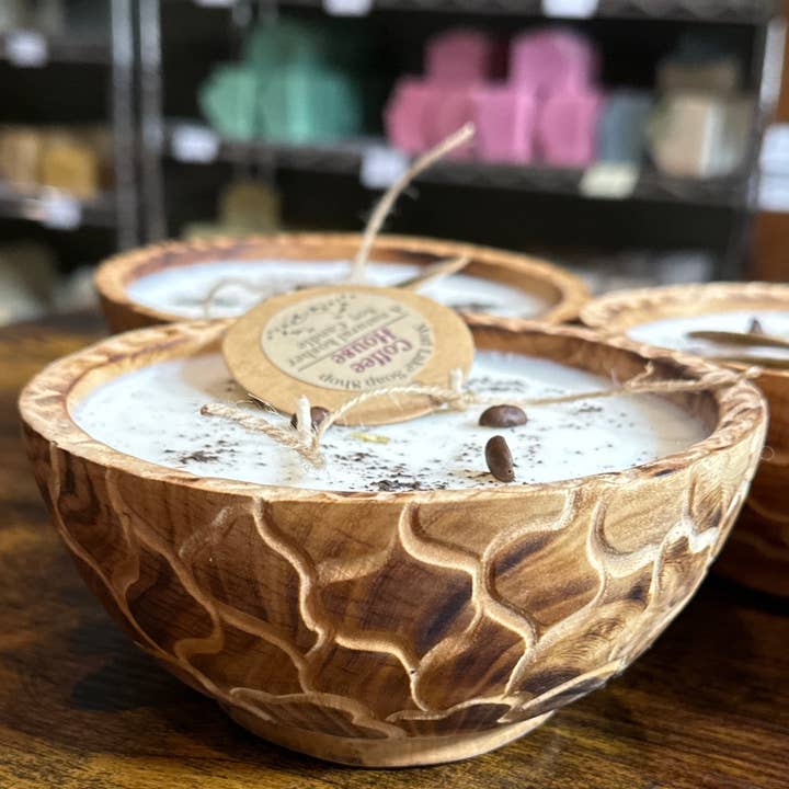 6" Wood Bowl Candle Round - Various Scents for wholesale by Mud Lake Soap Shop