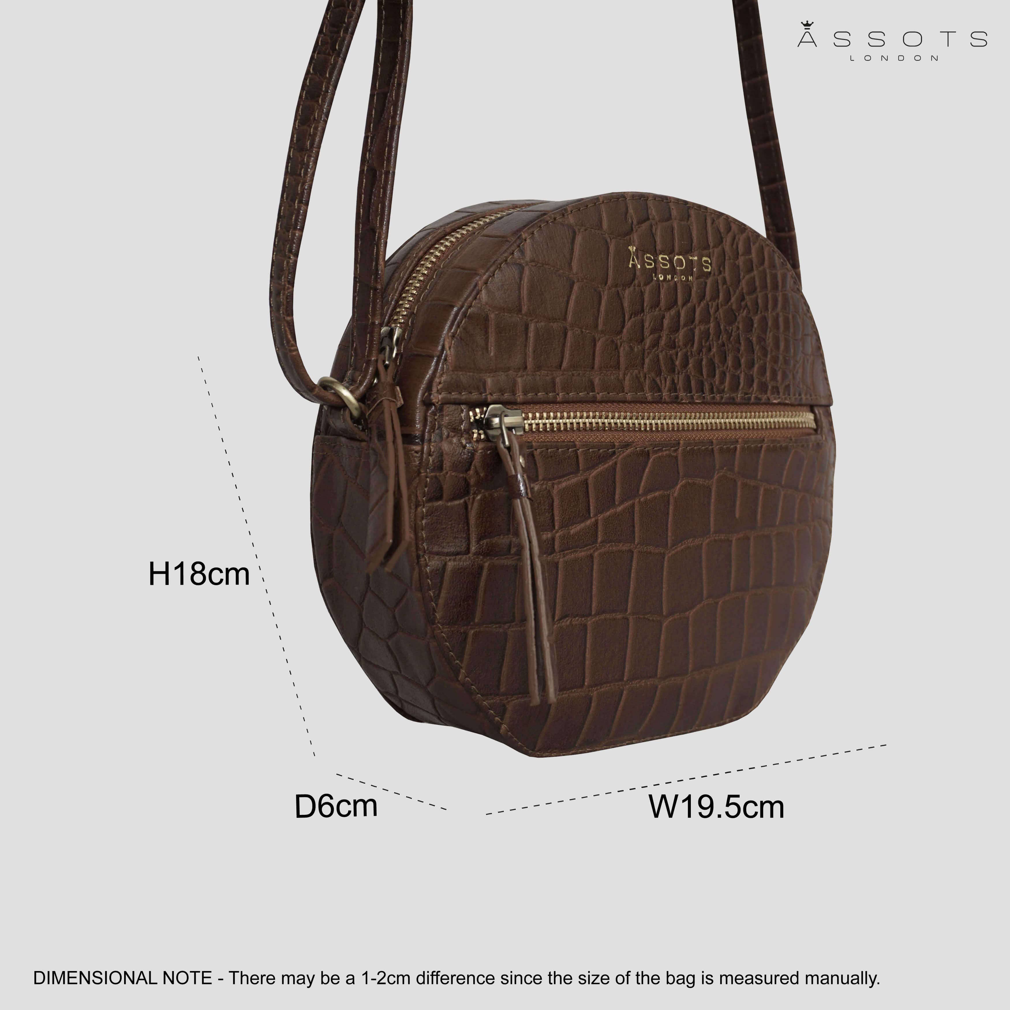 Assots London - Wholesale Crossbody Bag - Women's - 'Jane' Dark Tan Croc Leather Round Designer Crossbody Bag3