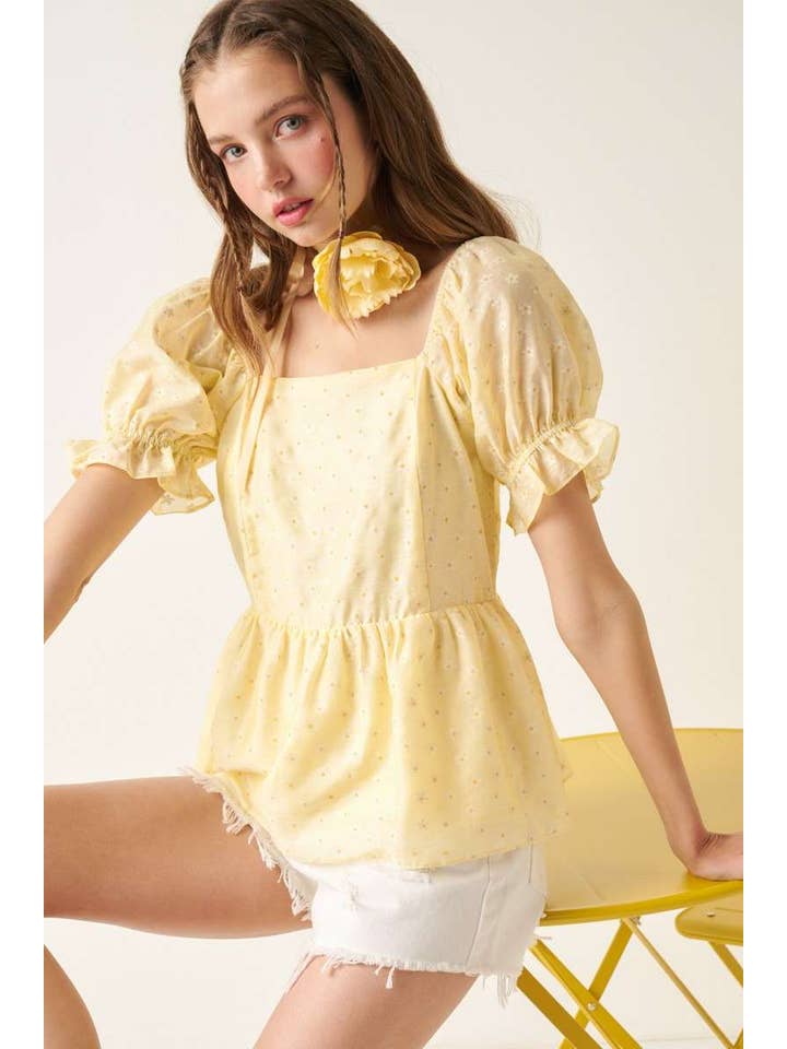 mittoshop – wholesale Blouse – Women’s – DAISY FLOWER PRINT PUFF SLEEVE PEPLUM BLOUSE