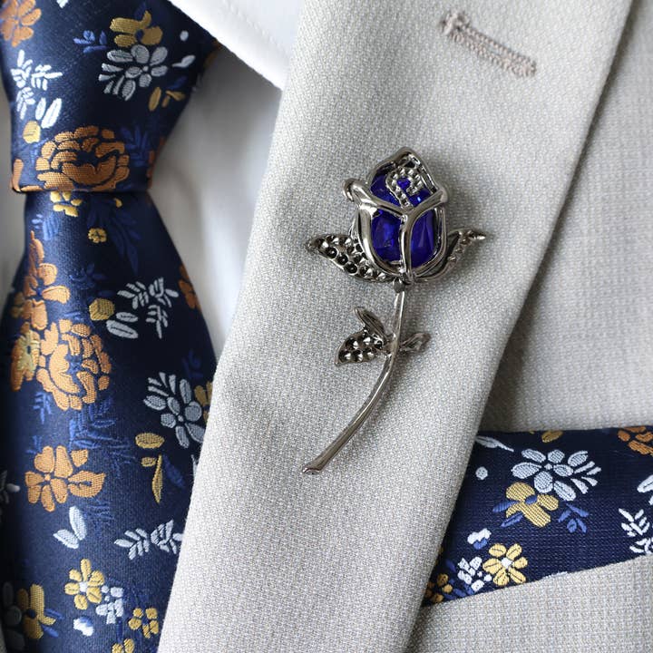 Tie Mood - Wholesale Necktie - Men's - Clara Blue & Gold Floral Tie & Pocket Square Set