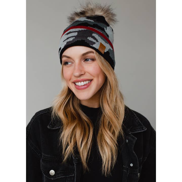 Panache Apparel Co. - Wholesale Beanie - Women's - Grey Camo w Red Stripe Hat