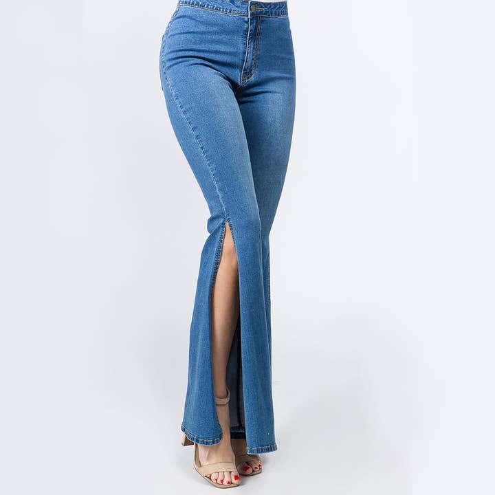 American Bazi – Großhandel Jeans – Damen – HOHE TAILLE GLOCKE UNTEN SCHLITZ DENIM JEANS-RJH3333