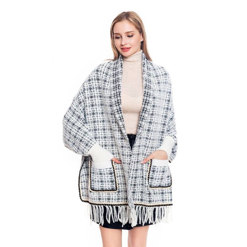Love and Repeat - Wholesale Poncho - Women's - Tweed Pocket Fringe Poncho1
