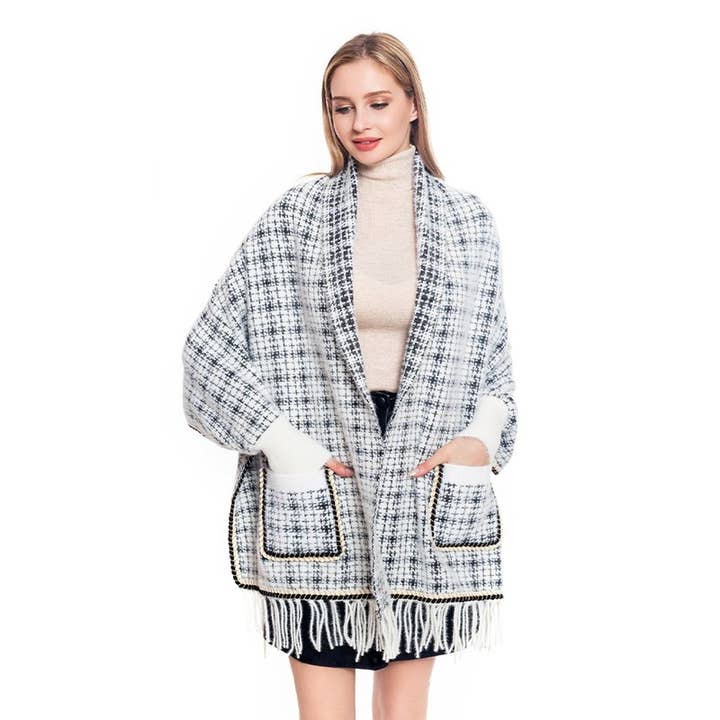 Love and Repeat - Wholesale Poncho - Women's - Tweed Pocket Fringe Poncho1