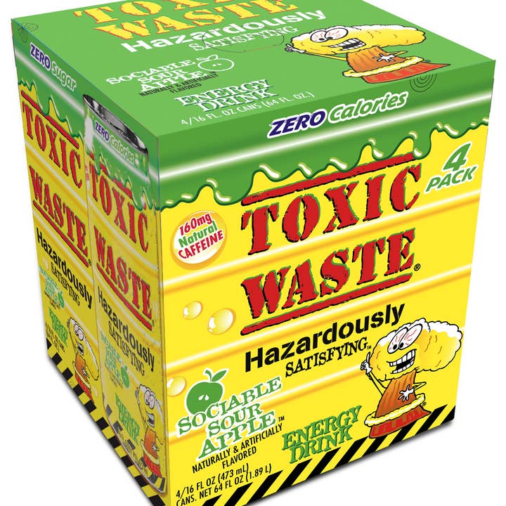 Grandpa Joe's Candy Shop - Wholesale Sports/Energy Drink - Toxic Waste Energy Drinks, Green Apple, 16oz Cans, 4ct