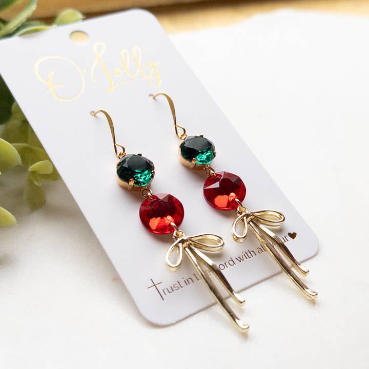 O’Lolly Jewelry - Wholesale Dangle earrings - Green & Red Sparkle Stone Earrings w/Gold Bow1